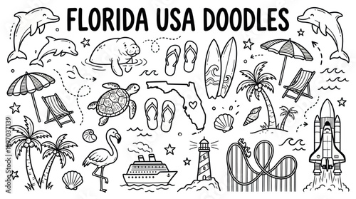 Florida USA Doodles Vector – Hand-Drawn Icons Featuring Dolphins, Cruise Ship, Surfboards, Palm Trees, Map, Flip-Flops, and Rocket for Travel and Coastal Design