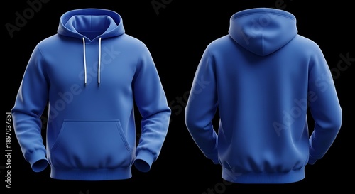 Blue hoodie mockup displayed from front and back views against a dark background