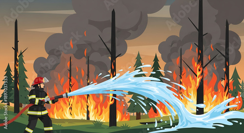 Dedicated Firefighter Bravely Battles a Destructive Forest Blaze, Sprinkling Water to Extinguish Raging Flames and Protect the Ecosystem from Widespread Devastation