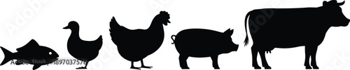 Farm animal silhouettes set, fish, duck, chicken, pig and cow, black shadow livestock collection, agriculture and food production concept, vector illustration isolated