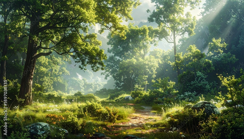 Obraz premium Sunlight Stream Through Lush Forest Canopy, Peaceful Nature Path, Morning Serenity