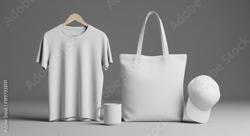 Blank white merchandise set for customization, including a t-shirt, tote bag, mug, and cap, ready for design.