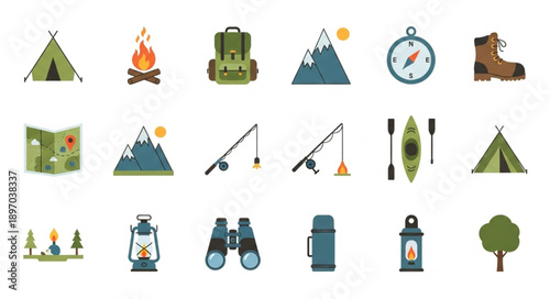 Collection of camping and outdoor adventure equipment icons.