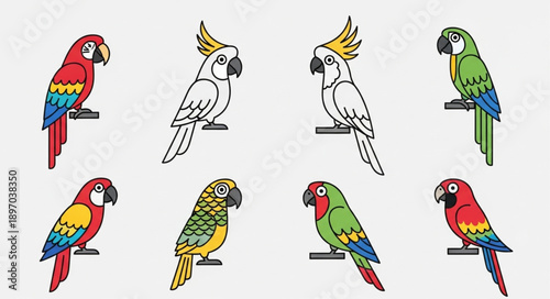 Collection of colorful parrots and cockatoos perched on branches.