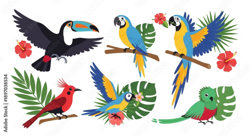 Fototapeta premium Collection of colorful tropical birds and foliage.