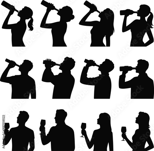 Silhouette people drinking beverage from bottles and glasses, men and women profiles, black shadow figures, hydration, refreshment, lifestyle, vector illustration isolated