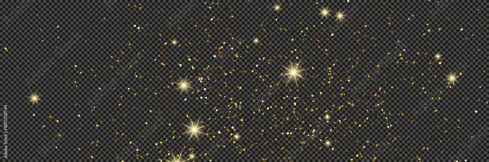 Naklejka premium Gold glittering dust with stars on transparent backdrop