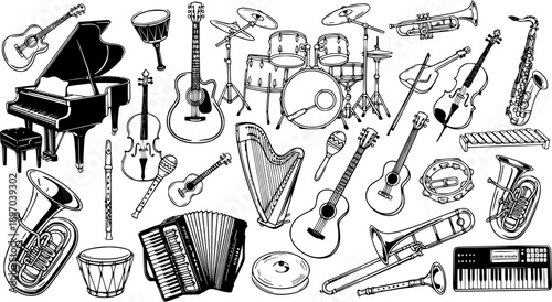 Black and White Line Art Illustration of Various Musical Instruments Collection