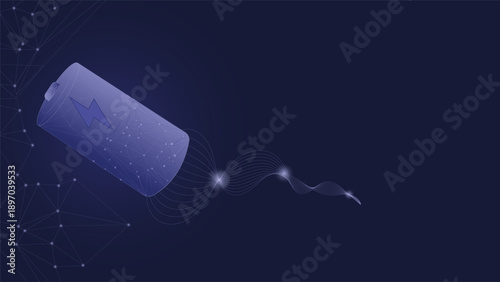 Futuristic battery energy illustration showing power flow digital network lines and electric charge on dark blue background for technology innovation and energy themes