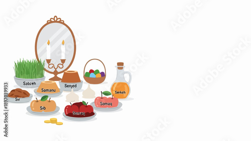 Vector illustration of healthy food and wellness products on a table with mirror, showcasing a holistic approach to nutrition and self-care.
