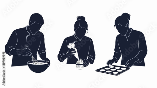 Culinary professionals creating desserts, vector illustration of baking process, pastry chefs decorating cupcakes and arranging muffins on tray for bakery.