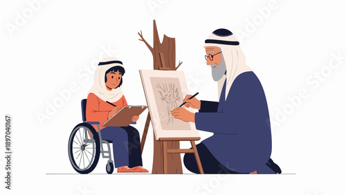 Arab drawing lesson with older man teaching young boy in wheelchair during creative session. Scene shows intergenerational learning, artistic development through Arab drawing lesson.