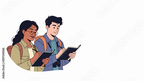 Diverse young couple focused on dedicated travel journaling, writing observations in personal notebooks. Shared experience of travel journaling fosters reflection and memory.