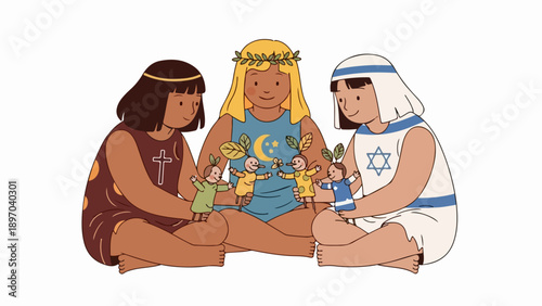 Religious diversity children sitting on floor, playing small figures. Kids from varied faiths wear symbolic dress, illustrating religious diversity children. Promotes global harmony, mutual respect,