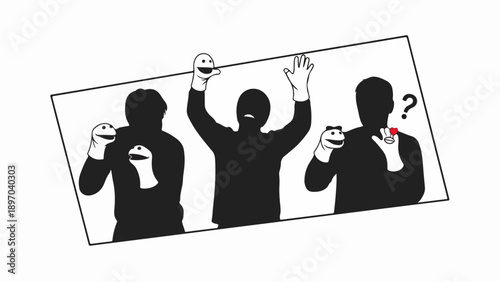 Silhouetted figures present puppet show, demonstrating various expressions and interactions. Three individuals display diverse puppet show scenarios, one raises hand, another poses question.