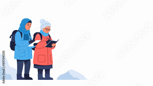 Two winter travelers, one with blue hijab, backpack, senior woman in red coat, beanie, consult map in snowy environment. Experienced winter travelers plan cold weather journey,