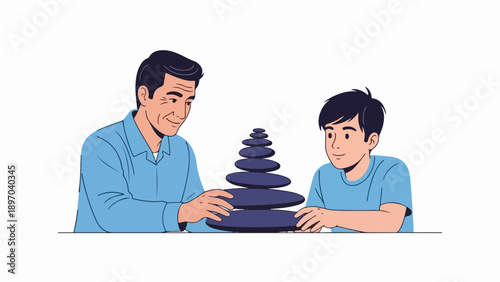 Shared father son activity building balancing stone tower. Man and boy collaborate in father son activity, carefully stacking flat oval stones, fostering connection.