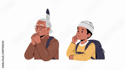 Different generations thinking, older man feather, boy with cap, both thoughtful. Diverse cultures deep in thought, representing wisdom, learning across different generations thinking. Education,