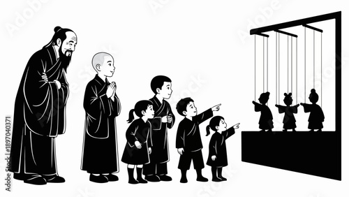 Classic puppet show with string figures on stage, watched by elder, monk, and children. Engaging classic puppet show portrays ancient art form and cultural storytelling.