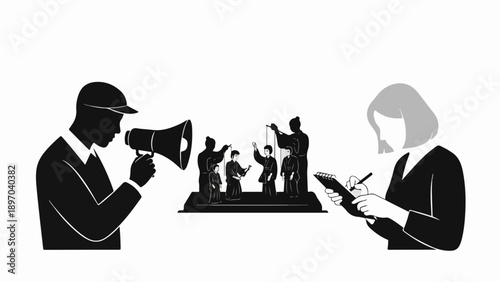 Conceptual black and white image 015 illustrates person speaking into megaphone, figures on pedestal, and writer. This compelling image 015 features elements of public communication,