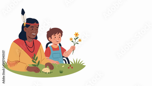 Illustration depicts Indigenous education, adult and child examining plants on green grass. Indigenous education fosters traditional knowledge, cultural understanding, environmental connection.