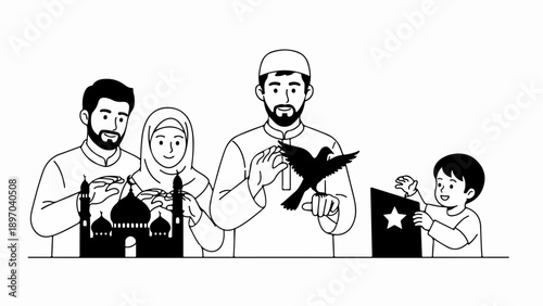 Two happy kids playing puppets, holding traditional figures on a plain white background. Diverse children enjoy playing puppets, engaging with cultural objects, fostering imagination.