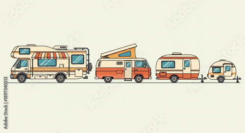 Collection of diverse recreational vehicles and campers lined up.