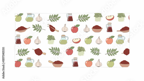 Seamless food pattern background with hand drawn apples, garlic, olive oil, and dried leaves. Food pattern background showcases kitchen ingredients like whole fruits, sliced elements, spices,