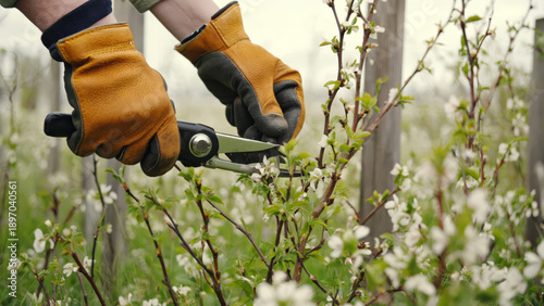 Hands in gloves carefully trim new growth on a shrub in a backyard garden. Wooden fencing surrounds the area, and soft sunlight shines down on the plants