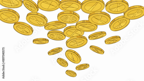 Falling gold coins descend from top, illustrating financial success and wealth accumulation. Many falling gold coins shimmer against clean white background, symbolizing prosperity and abundant riches.