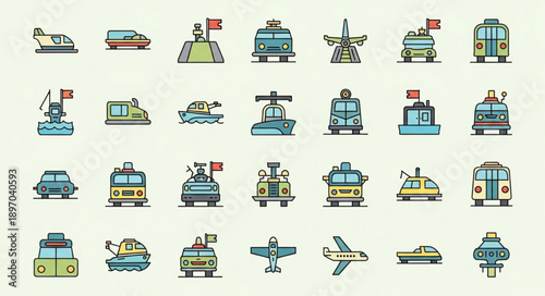 Collection of diverse transportation icons in a grid layout.