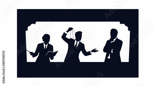 Silhouettes of men conducting auction business from framed stage. Professional figures, auctioneer with gavel, participants engaged in active auction business.