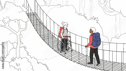 Accessible hiking trail with older woman using walker and man on suspension bridge. Accessible hiking trail provides opportunity for people with disabilities enjoying outdoor activity.