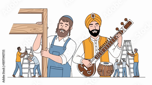 Diverse community building illustration: man in kippah constructs wooden frame, man in turban plays sitar. Smaller figures assist,