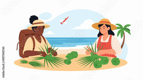 Two women doing tropical craft work on sunny beach. Traveler backpack, apron, shaping green fronds for island souvenirs. Tropical craft work illustration promotes eco tourism,