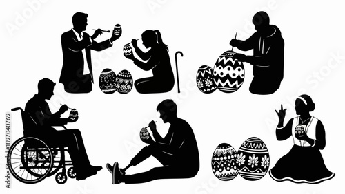 Silhouetted figures engaged in Easter egg decoration, with diverse people creating patterns on large and small eggs. Enthusiastic individuals participating in Easter egg decoration,