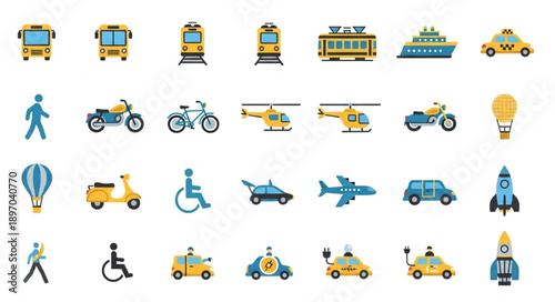 Collection of diverse transportation vehicles and modes of travel.