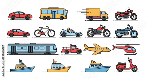 Collection of diverse transportation vehicles and modes of travel.