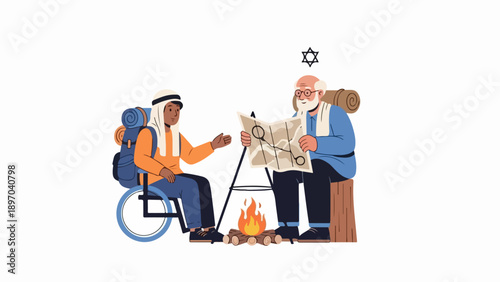 Interfaith camping adventure illustrates two men, one in wheelchair, older man, reading map by campfire. Diverse interfaith camping adventure highlights shared journey, cultural exchange,