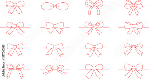 Minimal red bow gift ribbon line border set with elegant holiday packaging festive present outline doodle sketch hand drawn vector