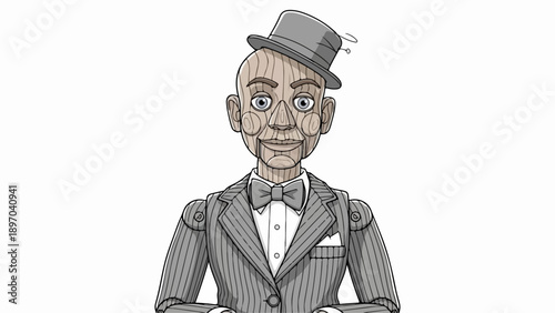 Ventriloquist puppet, wooden dummy in gray pinstripe suit, bow tie, tilted top hat. Classic ventriloquist puppet offers vintage entertainment charm for theater shows.