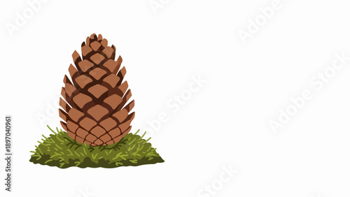 Brown pinecone illustration with detailed scales, resting on lush green moss, embodying forest elements. Pinecone structure highlights organic texture, conical shape, ideal for autumn, winter,