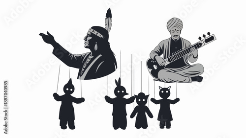Silhouetted puppet master figures manipulate small string puppets. One puppet master portrays a Native American chief, another depicts an Indian musician playing sitar,