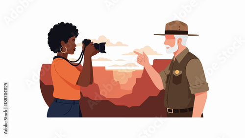 African American woman enjoys national park photography, capturing scenic canyon. Park ranger guides, pointing towards vast natural landscape for national park photography. Perfect for travel blogs,