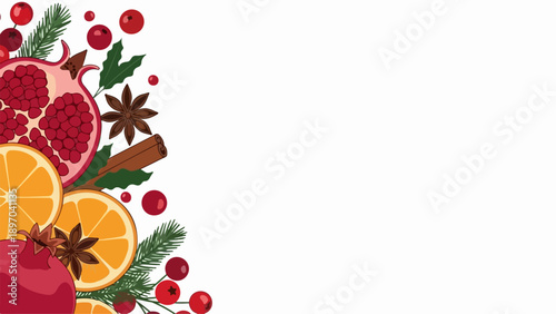 Winter holiday border with festive pomegranates, orange slices, cinnamon sticks, star anise arranged on white background. Decorative winter holiday border includes bright red berries,