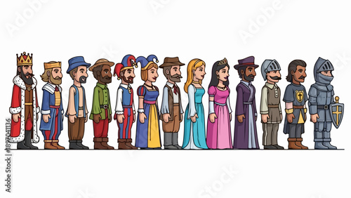 Medieval pixel characters in row, diverse fantasy roles. Includes medieval pixel characters king, knight, jester, townsfolk, unique attire. For game development, digital art, or historical concepts,