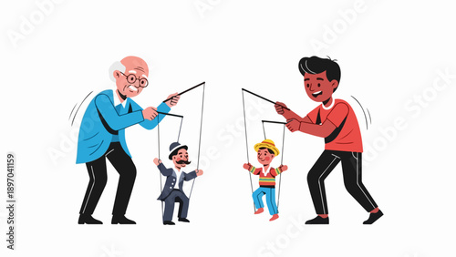 Experienced and young puppet master figures skillfully control string puppets, demonstrating clear hierarchy. Each puppet master precisely manipulates strings to guide small characters,
