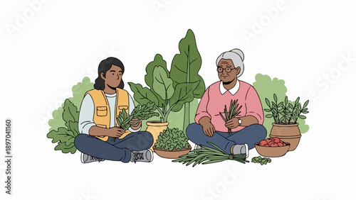 Garden harvest scene with two women gathering fresh produce and green herbs. Diverse women enjoy bountiful garden harvest, preparing crops for healthy living and community sharing.