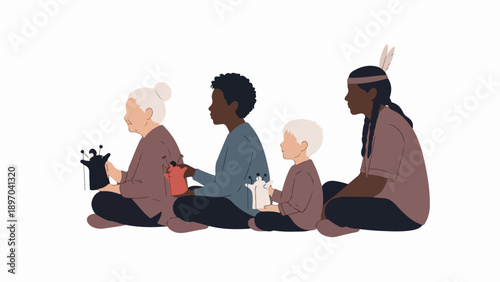 Intergenerational puppet show features diverse people, child to senior, sitting. Intergenerational puppet show fosters creativity, connection, sharing puppets.