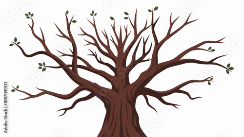 Stylized tree illustration showing thick trunk, many branches, few green leaves on white background. Stylized tree illustration symbolizes growth, nature, life cycle.